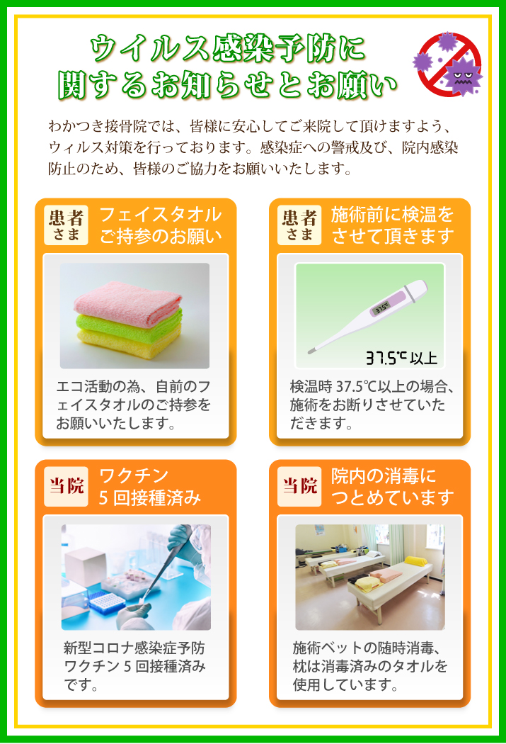 ウイルス感染予防に関するお知らせとお願い:わかつき接骨院では、皆様に安心してご来院して頂けますよう、ウィルス対策を行っております。感染症への警戒及び、院内感染防止のため、皆様のご協力をお願いいたします。患者様へ:エコ活動の為、自前のフェイスタオルのご持参をお願いいたします。施術前に検温をさせて頂きます。検温時37.5℃以上の場合、施術をお断りさせていただきます。当院にて:新型コロナ感染症予防ワクチン5回接種済みです。院内の消毒につとめています。施術ベットの随時消毒、枕は消毒済みのタオルを使用しています。